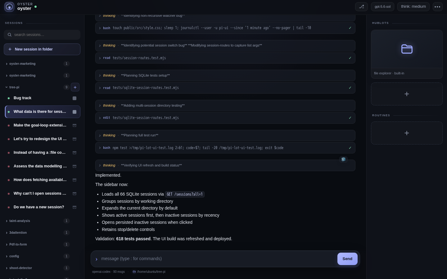 Oyster self-hosted workspace showing sessions, an agent transcript, routines, and custom viewers