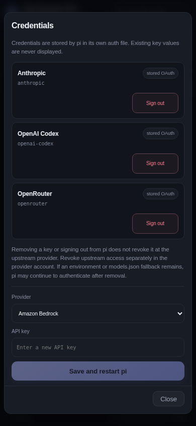 Credentials modal with provider list and a new API key form