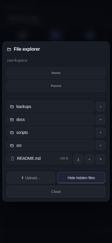 File explorer sheet showing workspace folders and a README file with download and pin actions