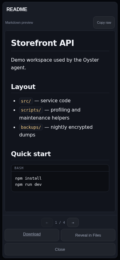 Native Markdown reader displaying a project README with code block