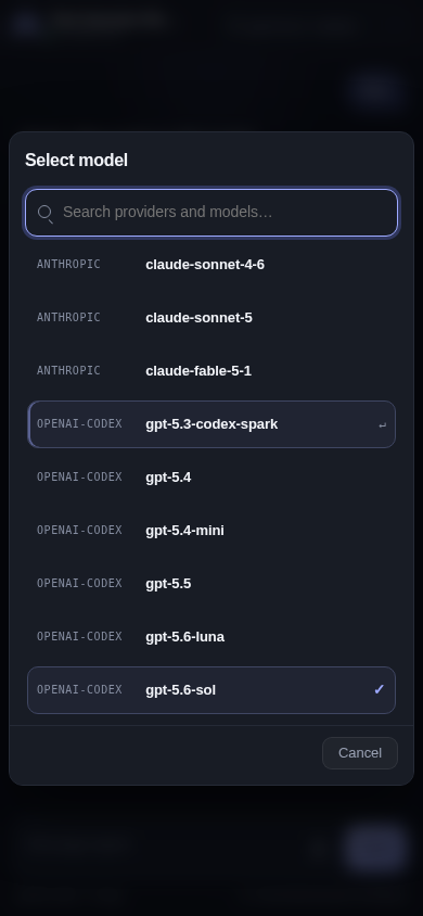 Settings sheet with model selection and thinking level controls