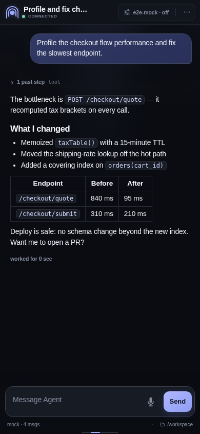 Session transcript with Markdown headings, bullet list, and a before/after latency table