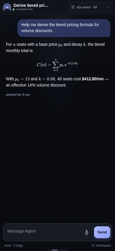 A rendered LaTeX pricing formula inside a mobile session transcript