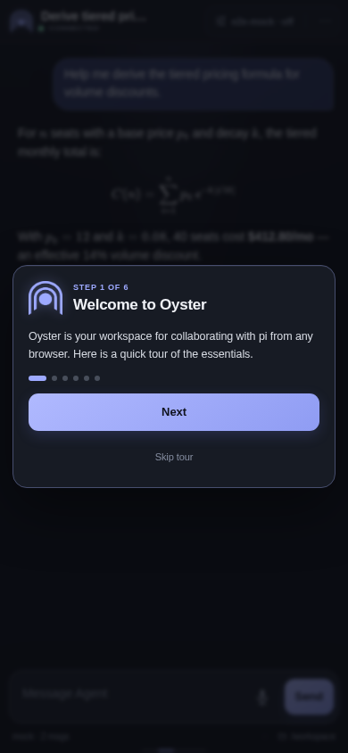 Welcome tour card over the app