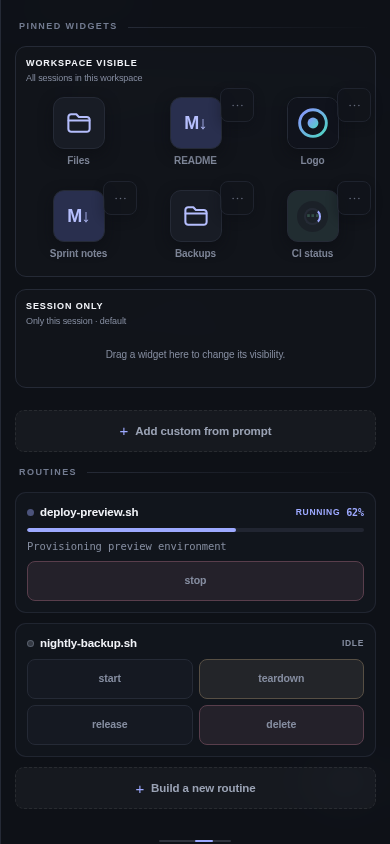 Pinned widgets rail with Files, README, Logo, Sprint notes, Backups and CI status tiles